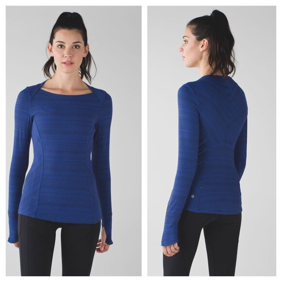 Lululemon Kanto Catch Me Long Sleeve 4 Kanto Stripe Sapphire Blue Black - Picture 1 of 15